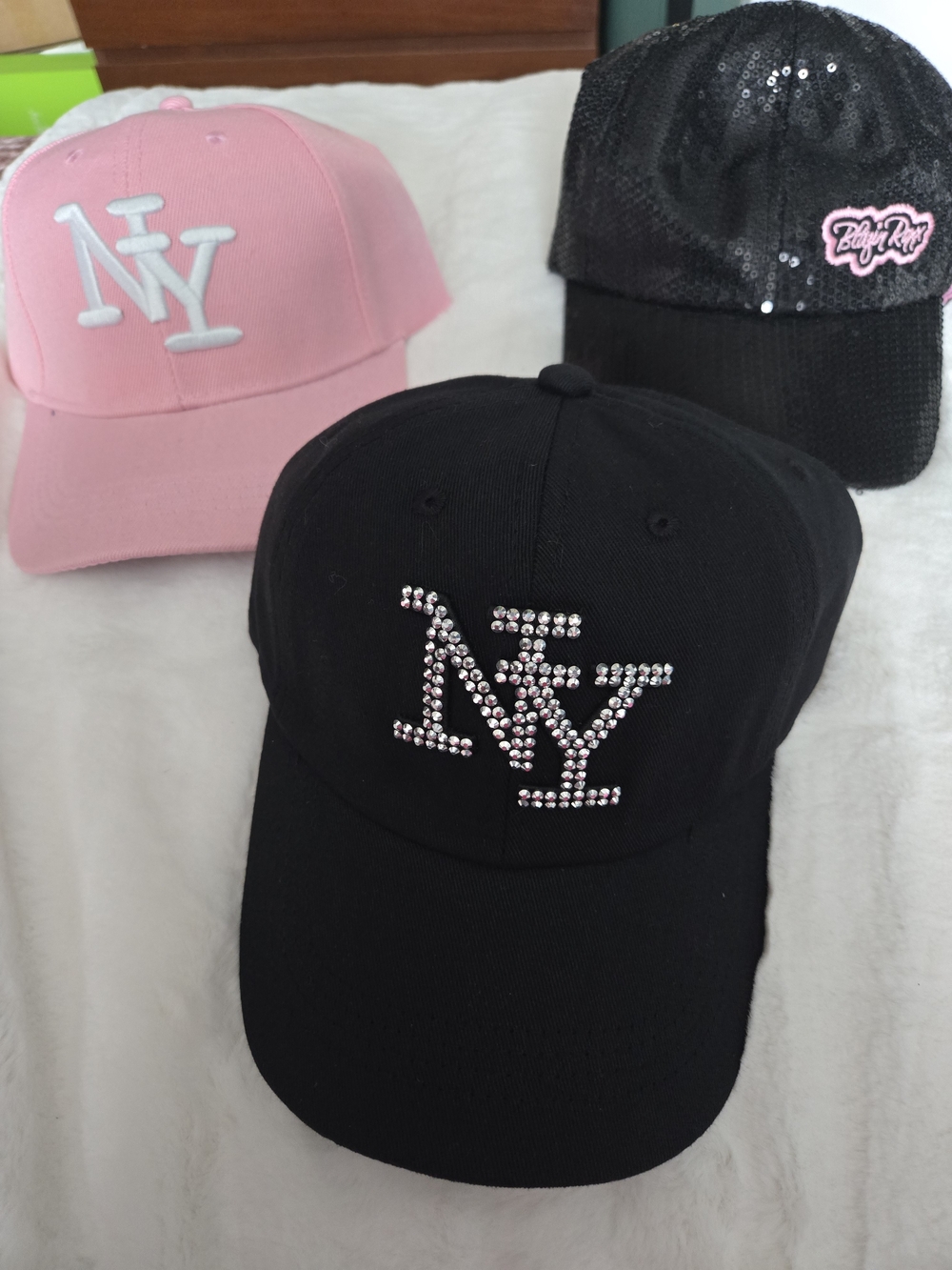 2 NY Hats 1 With Rhinestone 1 Pink 1 Black Sequin Baseball Cap With Pink Words